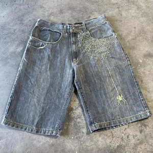 Short en <span class=keywords><strong>jean</strong></span> d'été délavé à l'acide pour homme personnalisé Vintage Mid Y2K Streetwear brodé Punk Tendances fermeture à glissière braguette Hip Hop - Product Image 5