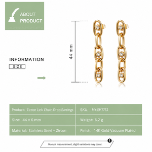 Boucles d'oreilles pendantes en chaîne à maillons en zircon, acier inoxydable plaqué or 14 carats sous vide, couleur or et acier - Product Image 4
