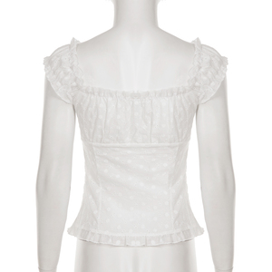 Blusa de Verano para Mujer, Linda, Ecológica, Informal, de Color Sólido, de Algodón Tejido, Ligera, con Volantes y Manga Corta - Product Image 5