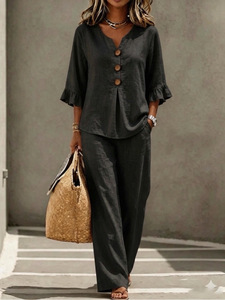 Wholesale Western Style Women 2 Piece Set V-neck Button Ruffle 3/4 Sleeve Top and <b>Pants</b> Set Private Label Tracksuit - Product Image 2