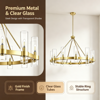 Lustre moderne noir en forme de roue de chariot, 12 lumières, hauteur réglable, suspension LED, abat-jour en verre cylindrique transparent, lampe suspendue en métal