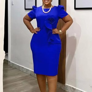 Vestido midi elegante de oficina para mujer, talla grande, cuello redondo, color liso, estilo bodycon, con mangas cortas abullonadas y estampado floral. - Product Image 1