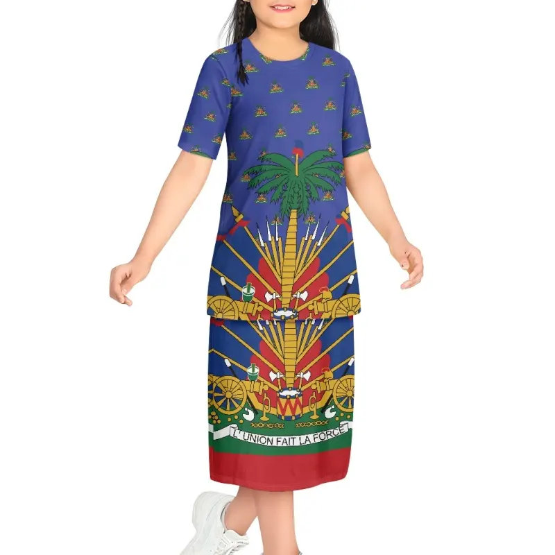 Summer Polynesian Tribal Home Short Sleeve Straight Dress Custom Haiti Flag Soft School Girls Dresses Lightweight Kids Clothes