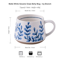 Tasse à thé en céramique artisanale rétro en grès 400 ml motif floral bleu, sans danger pour les aliments, cadeau d'affaires