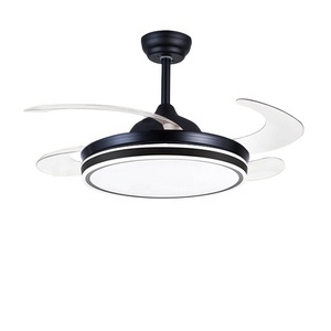 Ventilateur de Plafond Led 42 ''avec Lumière Télécommande Lustre 220v 4 Pales Tout Cuivre <span class=keywords><strong>Moto</strong></span> Rétractable Invisible Noir - Product Image 1