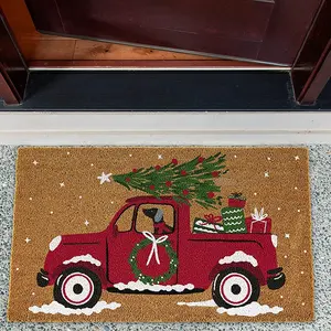 假日自然可可椰壳印花门垫重型橡胶背圣诞门垫易于清洁室内和室外入口垫