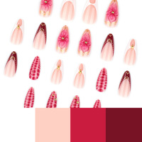 24 Pcs French Tips Press on Nails Almond Nails Press on dengan Desain Bunga Cantik Glossy Brown Glue on Nails Kuku Palsu