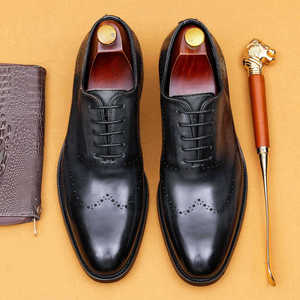 Chaussures habillées pour hommes en cuir véritable, style Oxford, brillantes, à bout pointu, à lacets, couleur unie, pour le travail, toutes saisons, respirantes, semelle extérieure en caoutchouc - Product Image 2