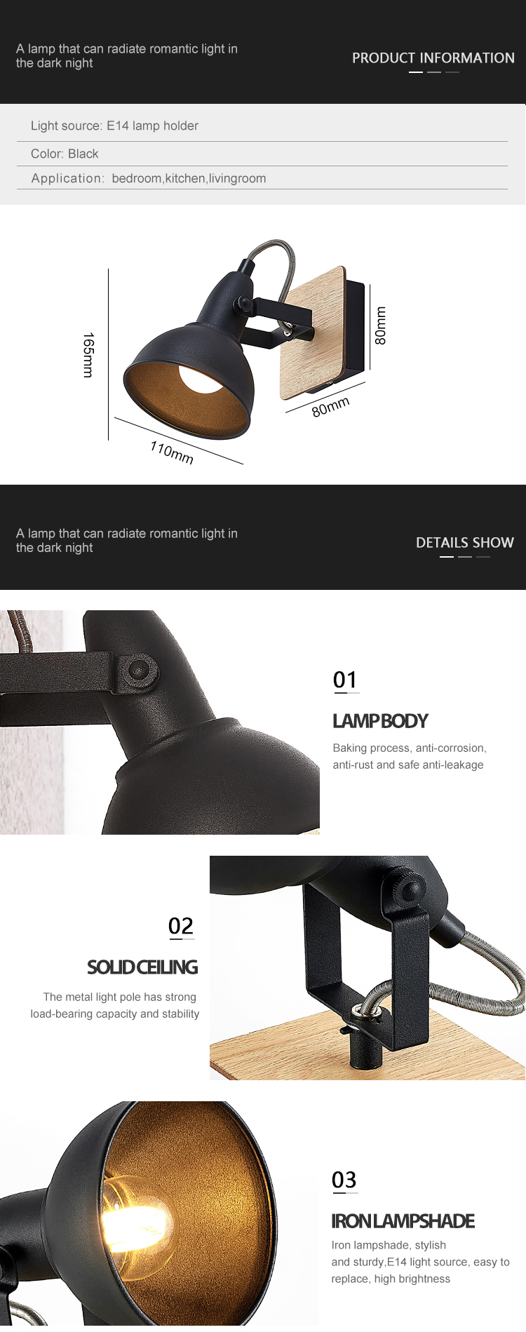 Simple Style Decoration Modern Office Living Room Bedroom Indoor Black E14 Wall Lamp