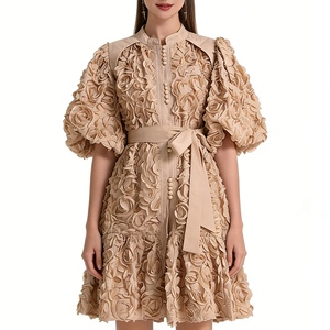 เดรสยาวปานกลางประดับดอกกุหลาบ 3 มิติสำหรับผู้หญิง - เดรสออกงานทรงพองแขนยาวพร้อมเข็มขัด แฟชั่น - Product Image 3