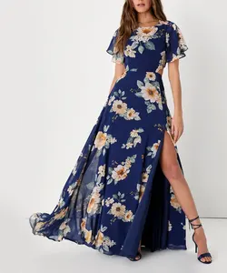 2023 Custom Long Dresses Women Navy Blue Floral Print Cutout Maxi Dress