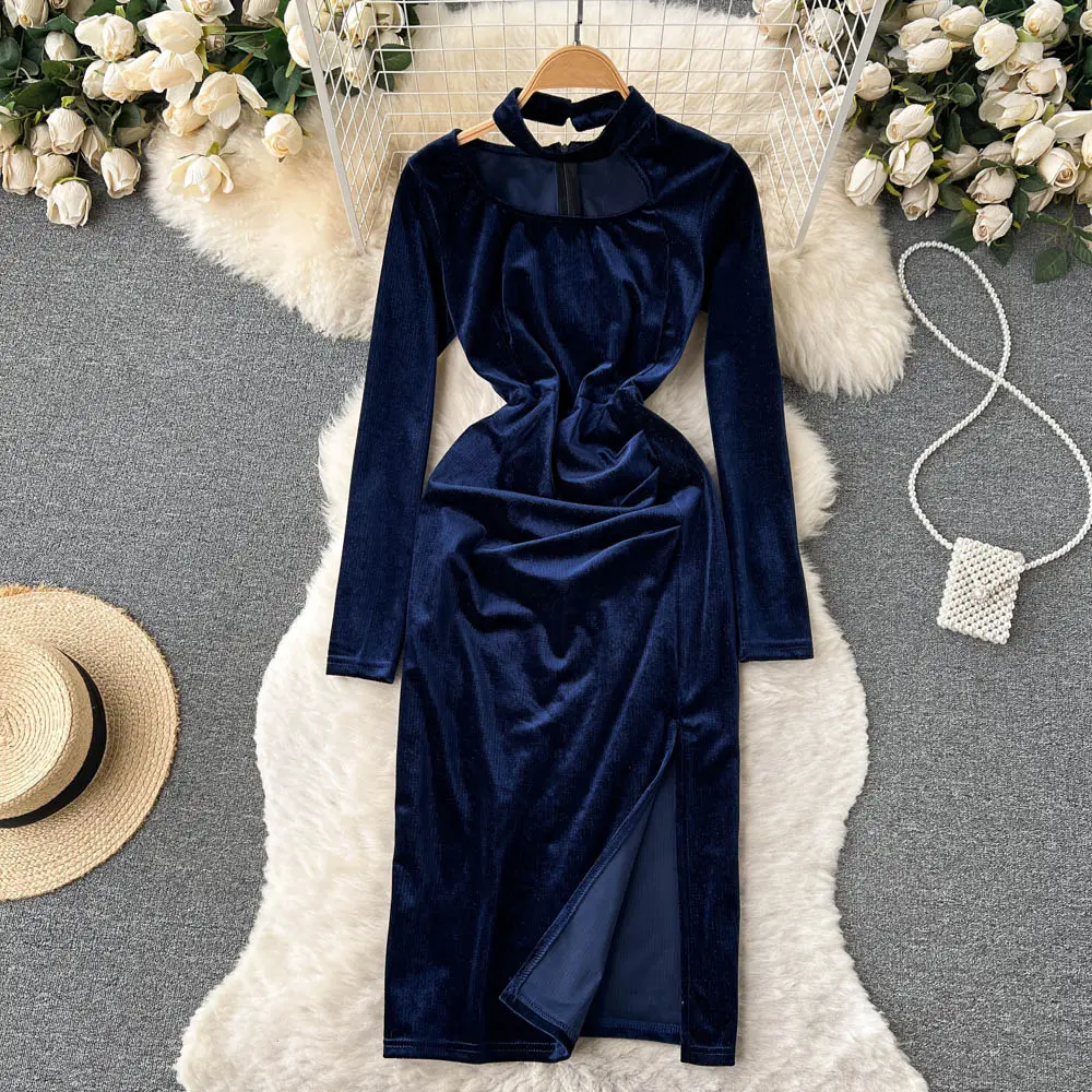 Autumn winter velvet neck design waist show thin hip long slit dress navy blue velvet dress