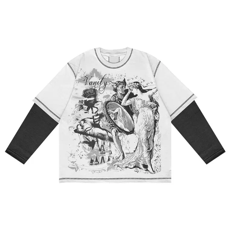 Camiseta de manga longa vintage de alta qualidade para streetwear hip hop, camisa de manga longa com estampa gráfica dupla, 2023