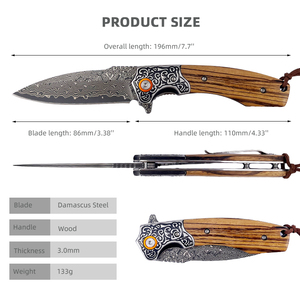 Venda quente Damasco Faca Bolso Forjado VG10 Damasco Faca Dobrável com Cabo De Madeira Faca Ao Ar Livre Personalizado - Product Image 2