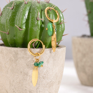Pendientes de hebilla de oreja de pluma dorada <span class=keywords><strong>con</strong></span> hoja de piedra Natural de acero inoxidable Vintage estilo de <span class=keywords><strong>aro</strong></span> <span class=keywords><strong>con</strong></span> Jade como piedra principal - Product Image 5