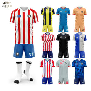 Supplier Jersey Sepak Bola Logo Kustom Pakaian Sepak Bola 100% Poliester Kustomisasi Ukuran Besar Set Seragam V-neck 220g Celana Pendek Bermotif - Product Image 2