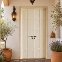Puerta Doble de Madera Sólida Estilo Mediterráneo BOCHARM con Panel de Rejilla Crema, Manija de Hierro Forjado Francés, Entrada de Villa, Tamaño Personalizado