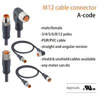 Conector de Cable de Alimentación Aeroespacial M12 DIN, Codificación A/B/C/D/L, 3, 4, 5, 6, 8, 12 Polos, Macho/Hembra, Recto/Angular, IP67, 250V, 4A