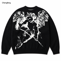 Pull jacquard à manches longues et col rond pour homme, motif squelette ailé gothique, style streetwear, coupe oversize, avec logo OEM
