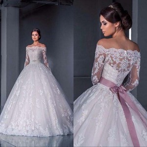 Off-the-shoulder Long Sleeve Lace Ball Gown Wedding Dress White Empire Waist Vintage Style Plus Size - Product Image 1