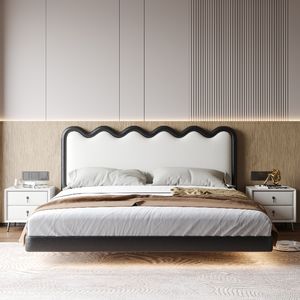 Yisi – Lit rembourré en cuir crème à <span class=keywords><strong>dossier</strong></span> souple, style moderne et épuré, en <span class=keywords><strong>bois</strong></span> massif, vente en gros d'usine, haut de gamme - Product Image 1