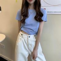 Atasan Crop Wanita Kerah Bulat Gaya Korea Warna Solid Longgar Model Terbaru Musim Panas 2026 Serbaguna Meniruskan Tubuh Lengan Pendek