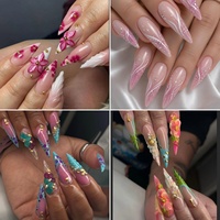 En gros Kits de faux ongles à presser en acrylique faits main, longs Stiletto, Nude, Vert sauge, avec motif feuille et ligne dorée, pré-conçus