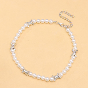 Collar de una sola capa con púas de perlas, geométrico, blanco, unisex, para uso diario - Product Image 3