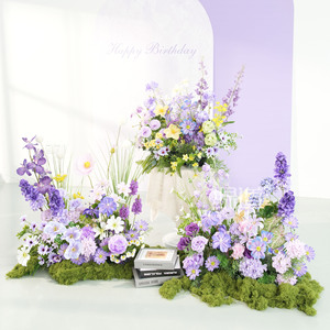 Arrangement floral artificiel Hy-Dt4, violet et blanc, style jardin Monet, combinaison de plantes décoratives d'intérieur, ornement - Product Image 2