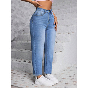Women's Light Blue High <b>Elasticity</b> Straight Leg <b>Jeans</b> Medium Stretch Crouching Waist Japanese Korean Leisure Style - Product Image 2