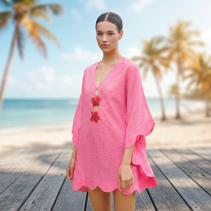 Robe mini en tricot rose à col en V et manches chauve-souris avec décoration florale et ourlet festonné, style décontracté d'été pour les vacances, coupe ample - Product Image 1
