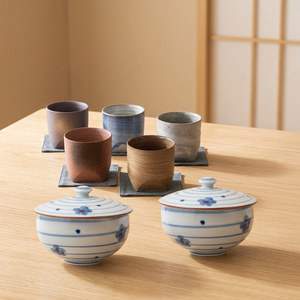 Ensemble d'ustensiles en céramique, bols bleus à motifs floraux, tasses aux tons terreux, lavage à la main uniquement, 1 pièce, poignée composite, articles d'occasion du Japon - Product Image 1