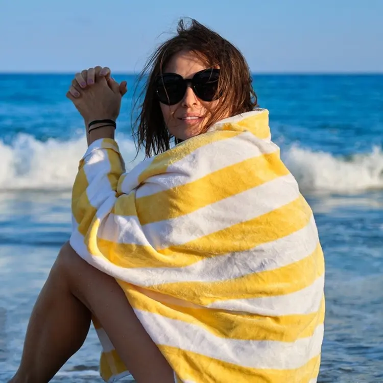 Geri dönüşüm koyu mavi ve beyaz kişiselleştirilmiş banyo Towe pamuk plaj veya havuz için özel pembe çizgili plaj havlusu