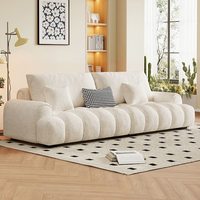 Sofá Puff Cuadrado de Tres Plazas, Estilo Francés, Color Crema, Moderno y Minimalista, Tapizado en Chenilla, para Sala de Estar Pequeña u Hotel