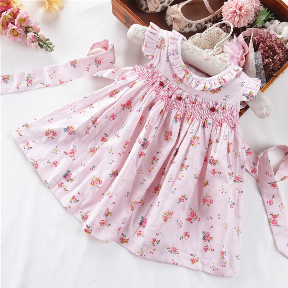 New Arrival 9-36 Month Infant Girls Smocked Dresses Kids Floral Ruffles  Flower Hand Made Embroidery Boutiques Baby Clothes