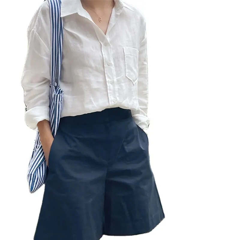 French Cotton and Hemp Sunscreen White Shirt Women's Long sleeved Thin Loose Korean Shirt Linen Top