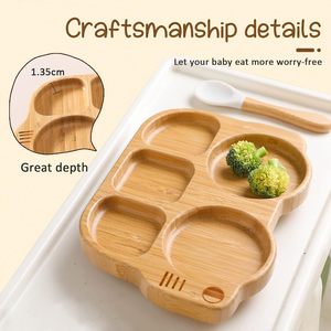 All-Natural <b>Bamboo</b> Divided <b>Plate</b> With Silicone Spoon Fork Non-Slip Baby-Led Weaning Dish <b>Suction</b> <b>Plates</b> for Toddler's Meal Time - Product Image 5