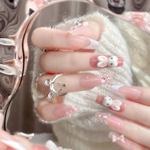 Faux ongles de luxe rose motif lapin, faits main de haute qualité, à presser, avec lapin pour Pâques - Product Image 2