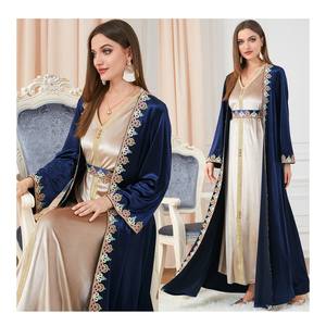 SIPO 2023 New Design EID Gold Velvet Crew Neck Fabric Gorgeous Open <b>Abaya</b> Dress Muslim Women Dresses - Product Image 1