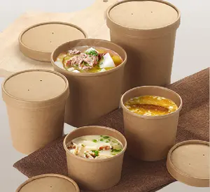 Mangkuk makanan ramah lingkungan Biodegradable wadah makanan kustom sekali pakai 12oz(350ml) ember sup kertas dengan tutup