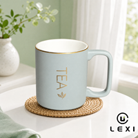 Taza de Té de Porcelana Moderna y Minimalista, Capacidad de 350 ml, Resistente al Calor, Apta para Microondas, con Detalles Metálicos en Dorado, Asa Cuadrada, Logotipo Personalizado