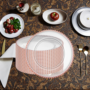 Assiettes de présentation en <span class=keywords><strong>plastique</strong></span> transparent écologiques au design moderne, avec motif personnalisé en perles dorées et technique pigmentée, vente en gros pour hôtels - Product Image 4