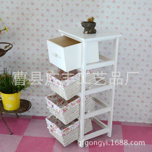 Gabinete de Almacenamiento de Madera y Ratán Blanco con 3 Compartimentos, Gabinete para Dormitorio o Sala de Estar con Cestas de Tela, Unidad de Almacenamiento con Cajones - Product Image 2