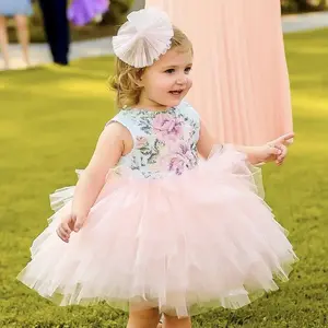 Neue flauschige Mesh Flower Pink Piano Performance Geburtstags feier Brautkleider für Mädchen Prinzessin Kleid für Mädchen Party