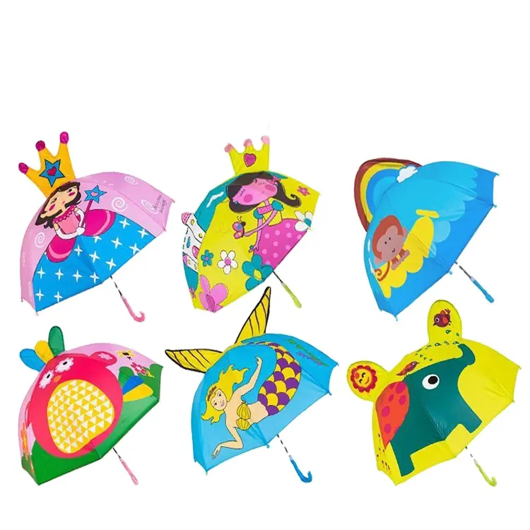 مظلة أطفال برسوم كرتونية لطيفة ومبتكرة ومزودة بيد طويلة ونموذج أذن ثلاثي الأبعاد مظلة للأطفال من الذكور والبنات