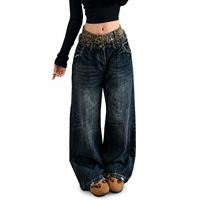 Jeans personnalisés pour femmes, style Y2K, patchwork léopard, taille basse, coupe large, denim vintage délavé, avec détails rivets et œillets