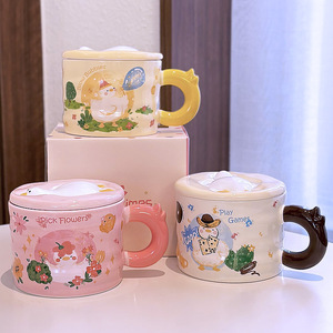 Cute Duck <b>Ceramic</b> <b>Mug</b> With Lid Pink Yellow White Cartoon Design For Couples Girls Spring 2025 Present Single Cup - Product Image 2