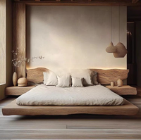 Rustikales Japanisches Design Handgeschnitztes Bettgestell mit Stauraum Queensize Massivholz Japandi-Stil Plattformbett