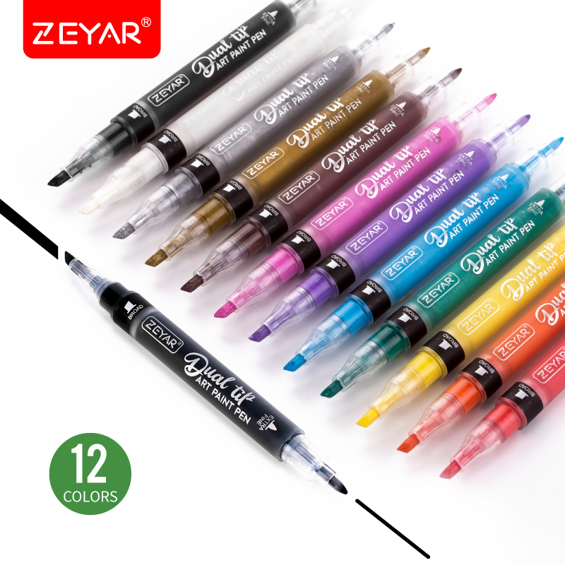 ZEYAR Dual Tip Acrylic Paint Pens 12 Colors Board and Extra Fine Tip Waterproof Ink Works on Rock, Wood, Glass, Metal, Ceramic