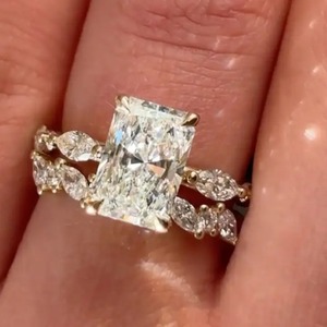 925 <b>Silver</b> Moissanite Radiant Cut Wedding <b>Ring</b> <b>Set</b> With Unique Wedding Band in Yellow Gold Plated Diamond <b>Ring</b> for Sale. - Product Image 2
